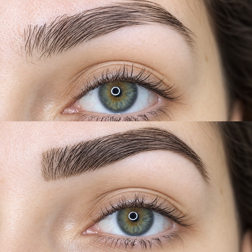 Antes e depois de um design de sobrancelhas feito na pinça, com o fio preenchido e o formato redesenhado