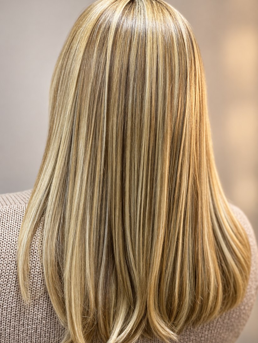 Cabelo loiro com luzes e mechas iluminadas finalizado no Espaço Glamour da Su